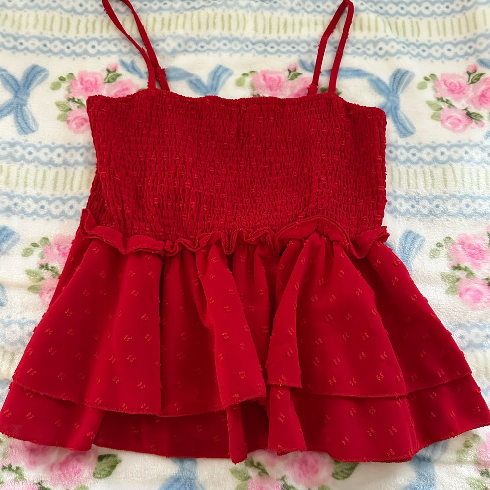 Red Smocked Ruffle Top